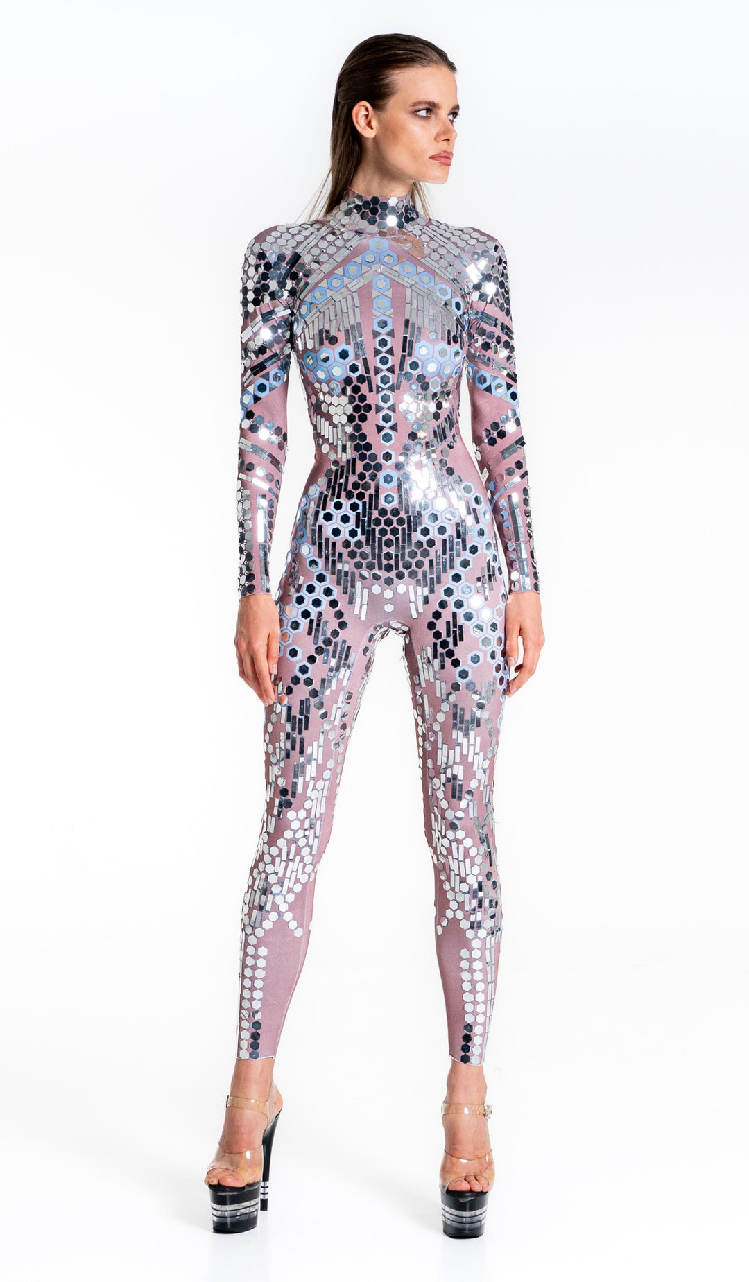 Space Babes Nude Reflective Sequin Bodysuit | Futuristic Festival Catsuit, Tomorrowland Rave Outfit & Mirror Stagewear – Manifestie
