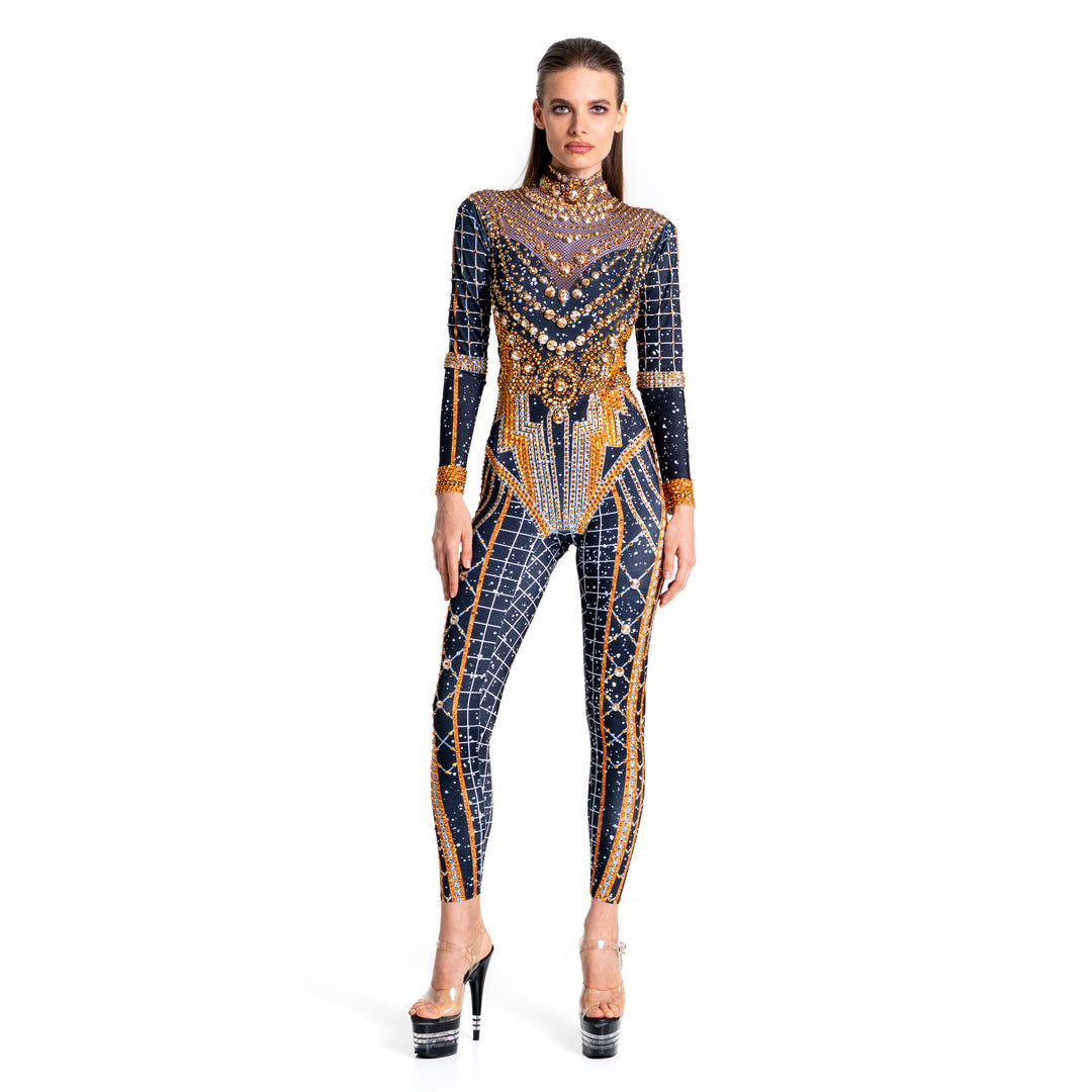 Pleiades Rhinestone Bodysuit | Gold & Silver Crystal Festival & Party Catsuit – Manifestie