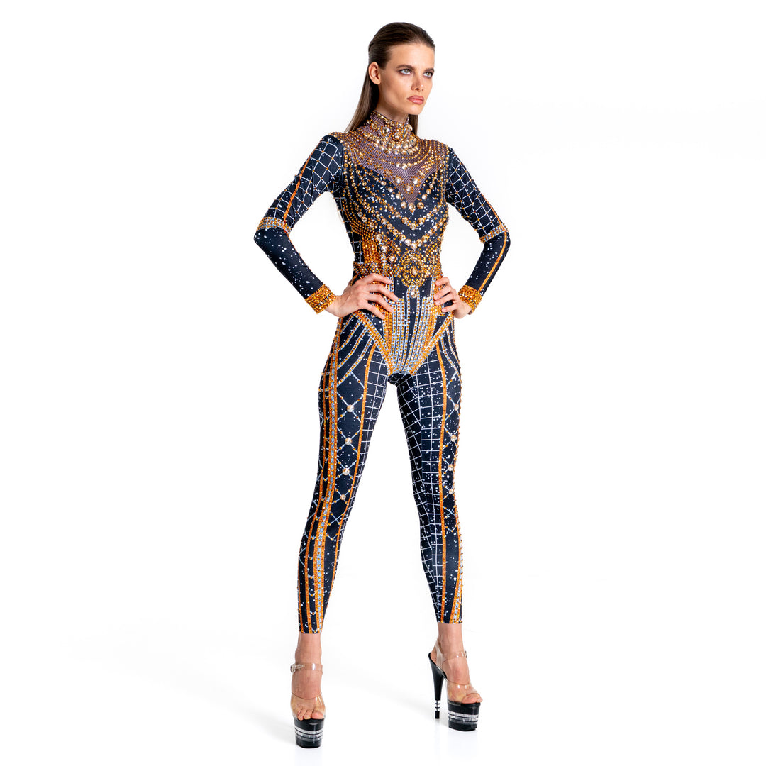 Pleiades Rhinestone Bodysuit | Gold & Silver Crystal Festival & Party Catsuit – Manifestie