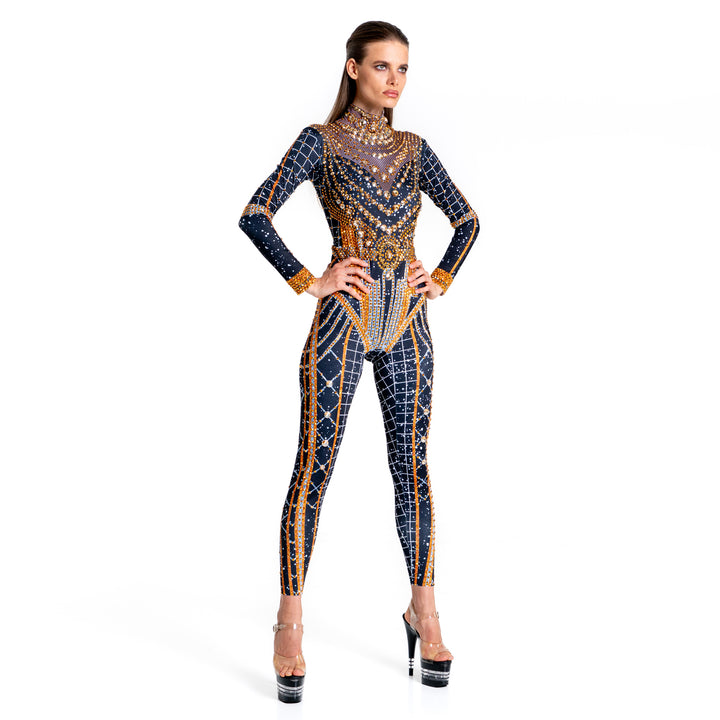 Pleiades Rhinestone Bodysuit | Gold & Silver Crystal Festival & Party Catsuit – Manifestie