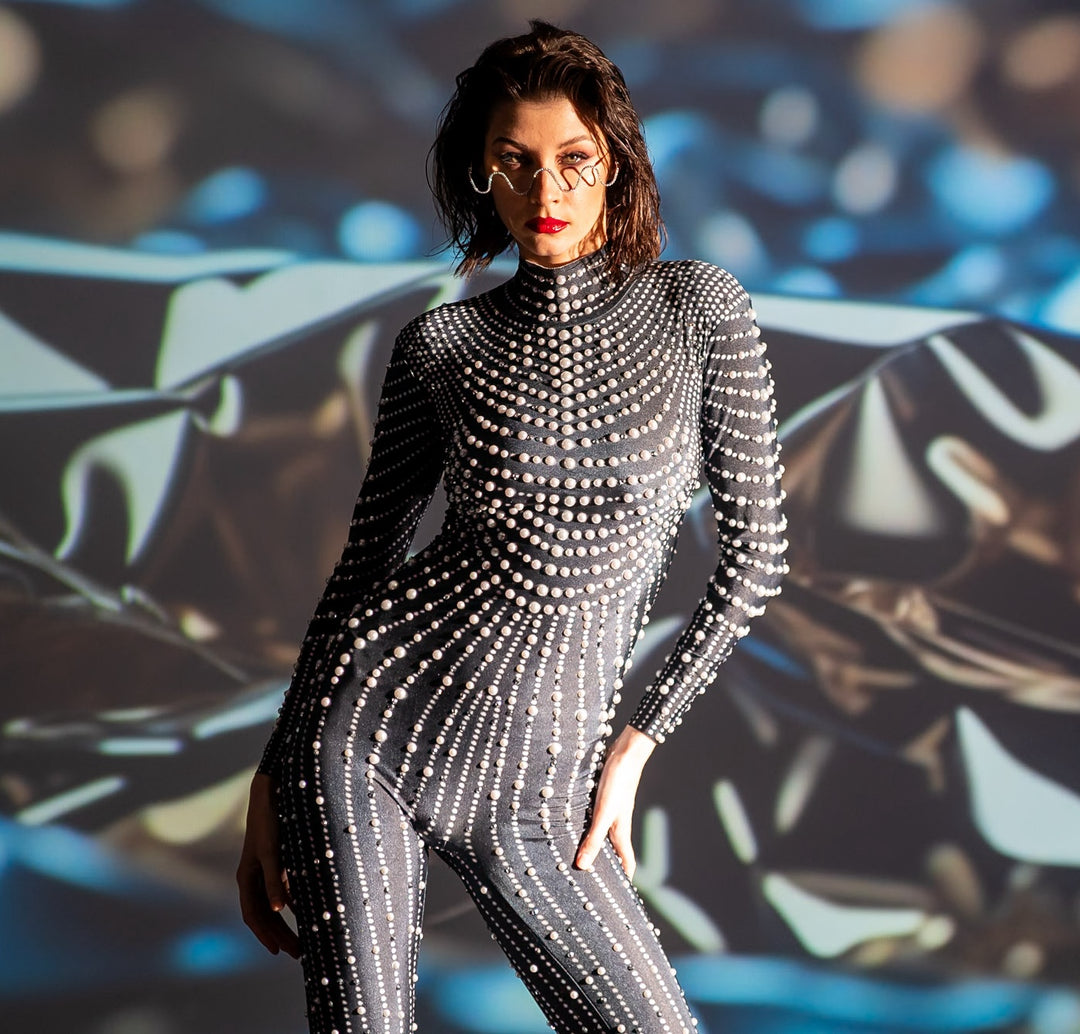 Salacia Rhinestone Bodysuit / Black Pearl Jumpsuit / Festival Outfit / New Years Eve Crystal Catsuit / Burning Man / Performer Costume