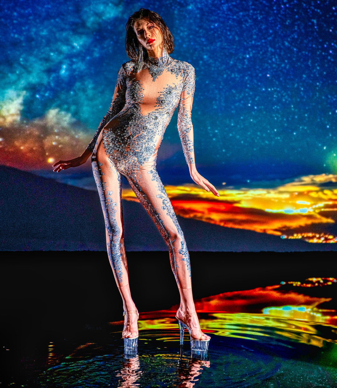 Dita Von Rhinestone Jumpsuit / Silver Diamond Bodysuit / Festival Outfit / Drag / Crystal Catsuit / Burning Man / Performer Costume