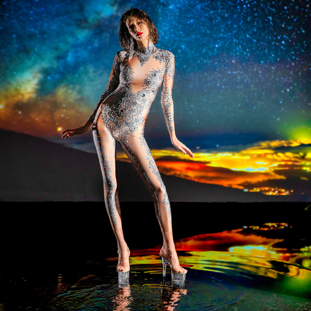 Dita Von Rhinestone Jumpsuit | Silver Diamond Bodysuit for Festivals, Performers & Cabaret Shows – Manifestie