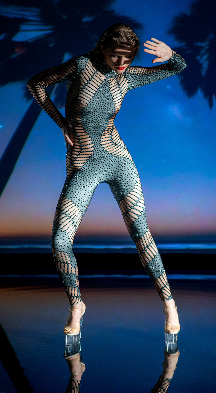 Elegant rhinestone bodysuit with sculpted illusion design – Manifestie”