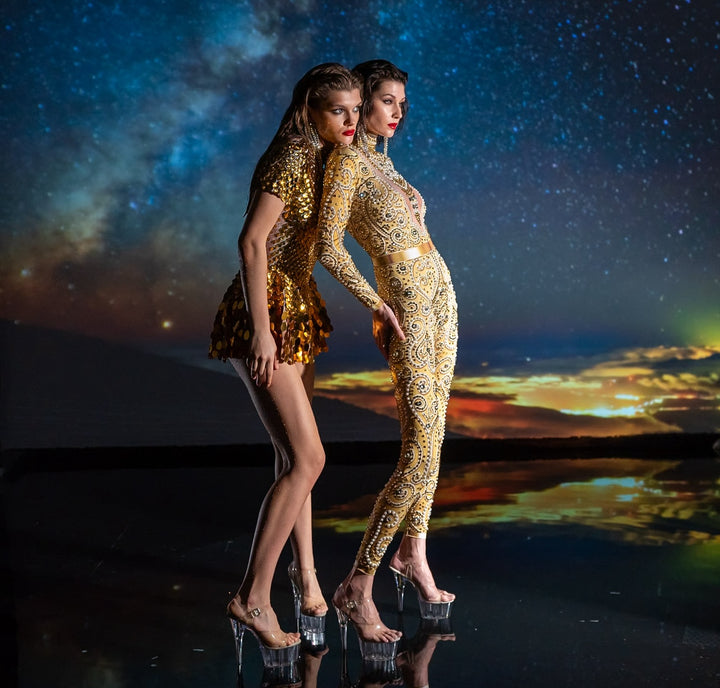 Venus Luxury Rhinestone Bodysuit / Pearl Diamond Gold Jumpsuit / Festival Wedding / Halloween / Crystal Catsuit / Burning Man / Dance Performer