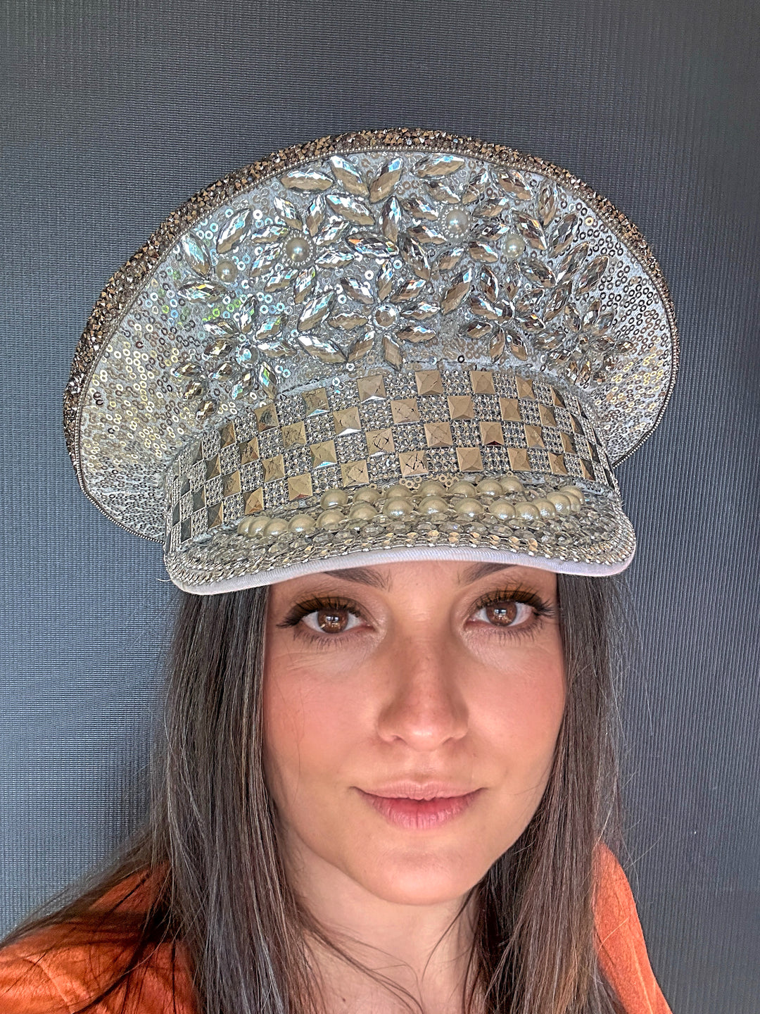 Silver Rhinestone Hat / Sequin Hat / Party Captain Hat / Festival Hat, Burning Man Hat, EDC Hat, Rave Hat / Birthday Hat / Custom Phrase Hat