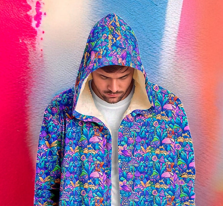 Psychedelic Mushrooms Cuddle Cloak | Unisex Minky Sherpa Lined Hooded Coat | Women and Mens Festival Coat | Mountain Fashion
