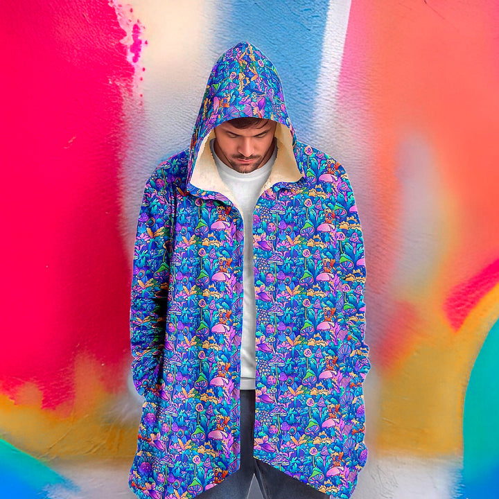 Psychedelic Mushrooms Cuddle Cloak | Unisex Minky Sherpa Lined Hooded Coat | Women and Mens Festival Coat | Mountain Fashion
