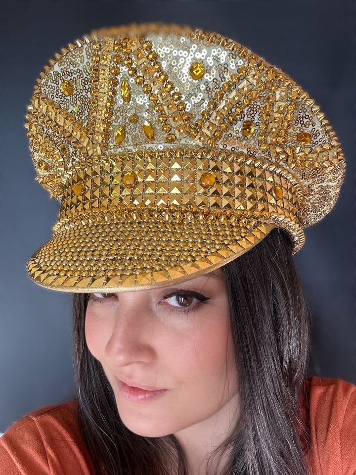 Gold Rhinestone Hat / Sequin Hat / Party Captain Hat / Festival Hat / EDC Hat, Rave Hat / Birthday Hat / Custom Phrase Hat