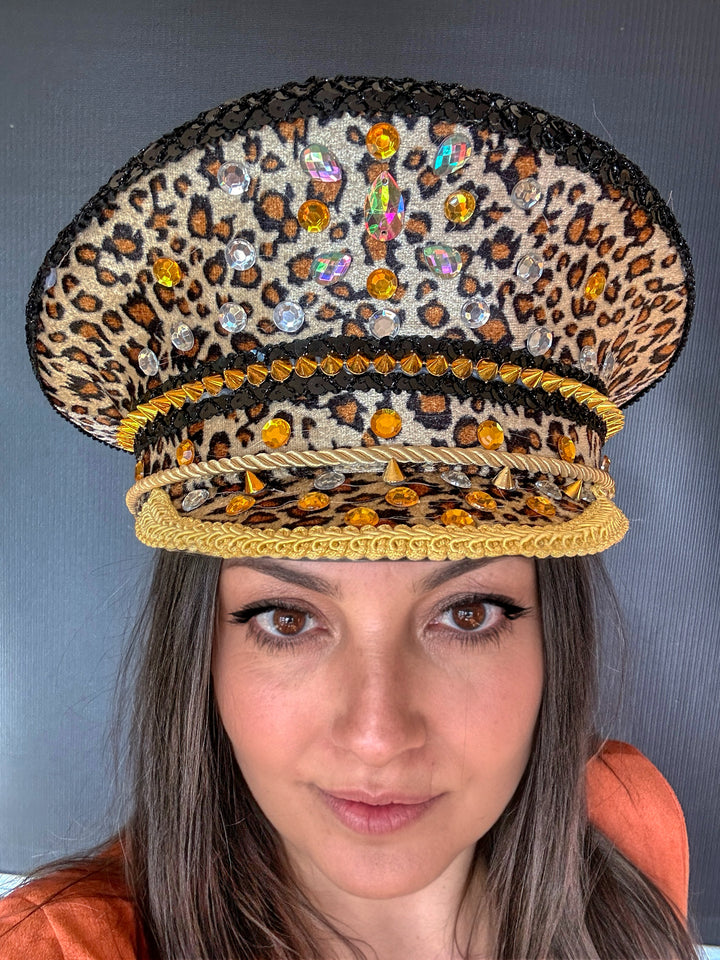 Cheetah Rhinestone Hat / Leopard Hat, Jazz Fest Hat, Party Captain Hat, Sequin Festival Hat, Rave Hat, Birthday Hat, Custom Phrase Hat
