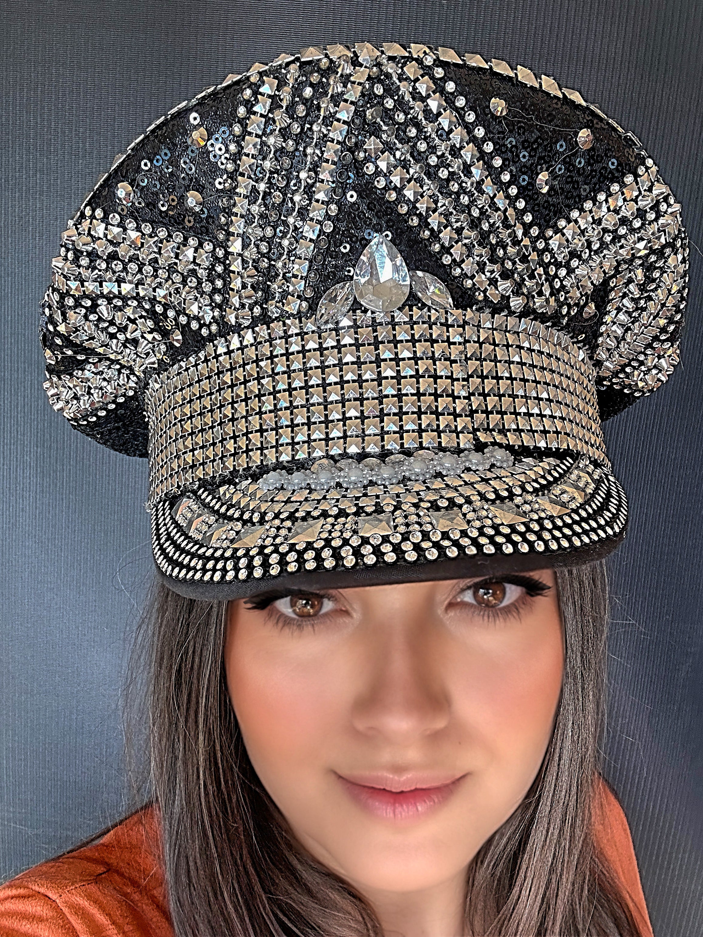 Black and Silver Rhinestone Hat / Sequin Hat / Party Captain Hat / Festival Hat, EDC Hat, Rave Hat / Birthday Hat / Custom Phrase Hat