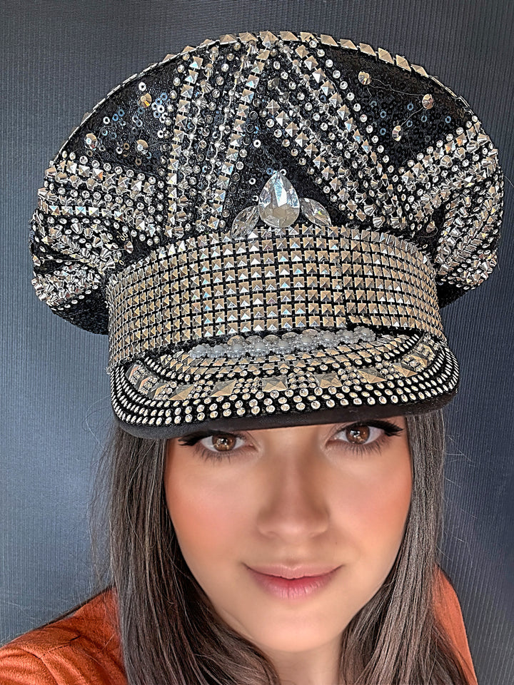 Black and Silver Rhinestone Hat / Sequin Hat / Party Captain Hat / Festival Hat, EDC Hat, Rave Hat / Birthday Hat / Custom Phrase Hat