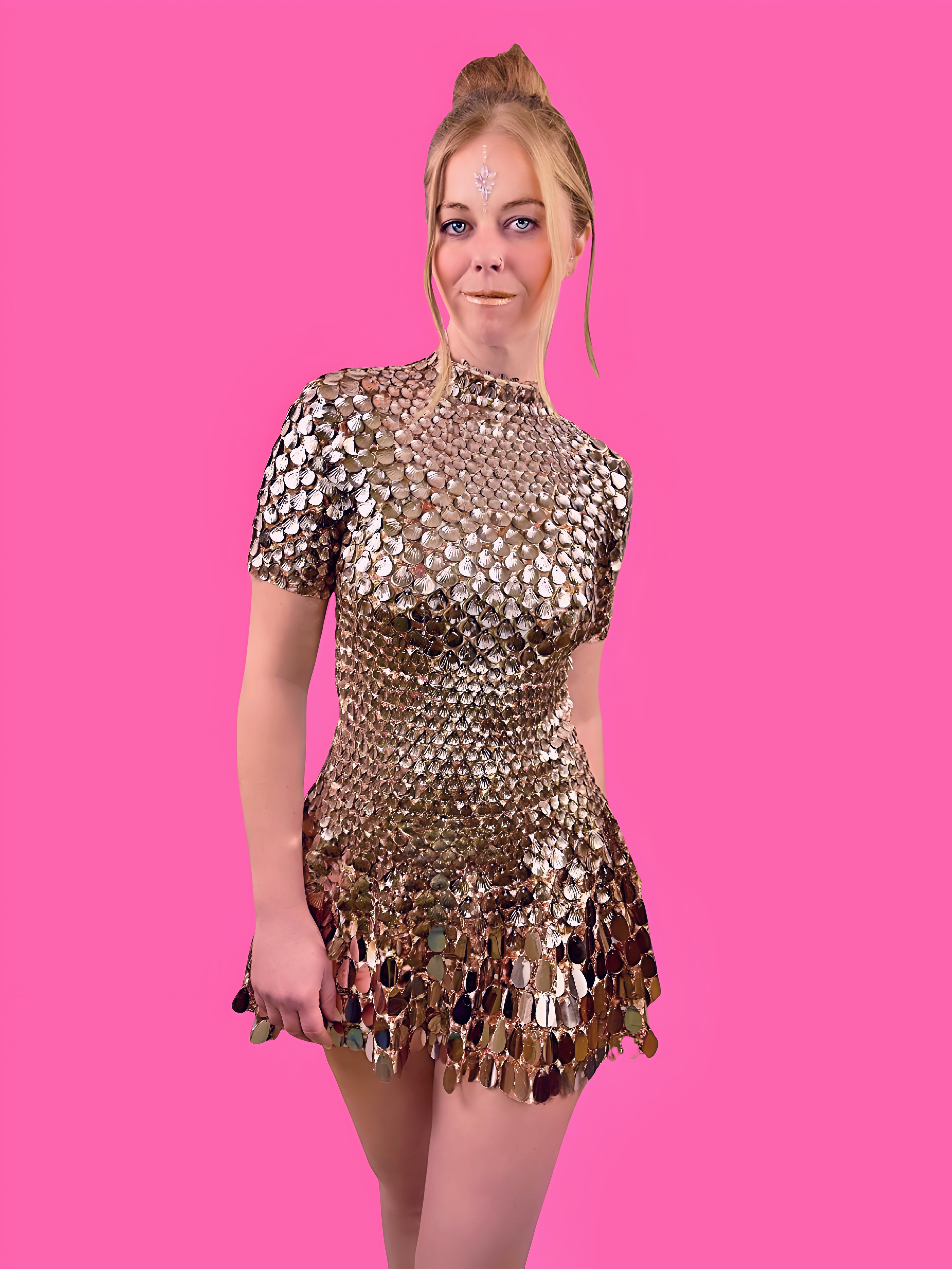 Helen Rose Gold Party Dress - Sequin Bodysuit / Womens Burning Man Outfit NYE Performance Sparkle Club Festival / Metallic Rave Seashells
