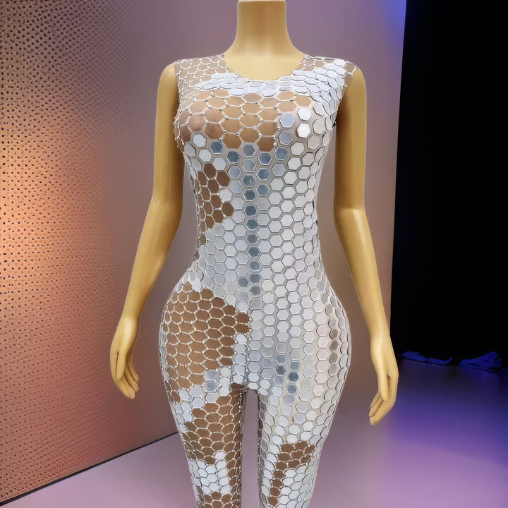 Futuristic mirror sequin bodysuit – full body reflective costume