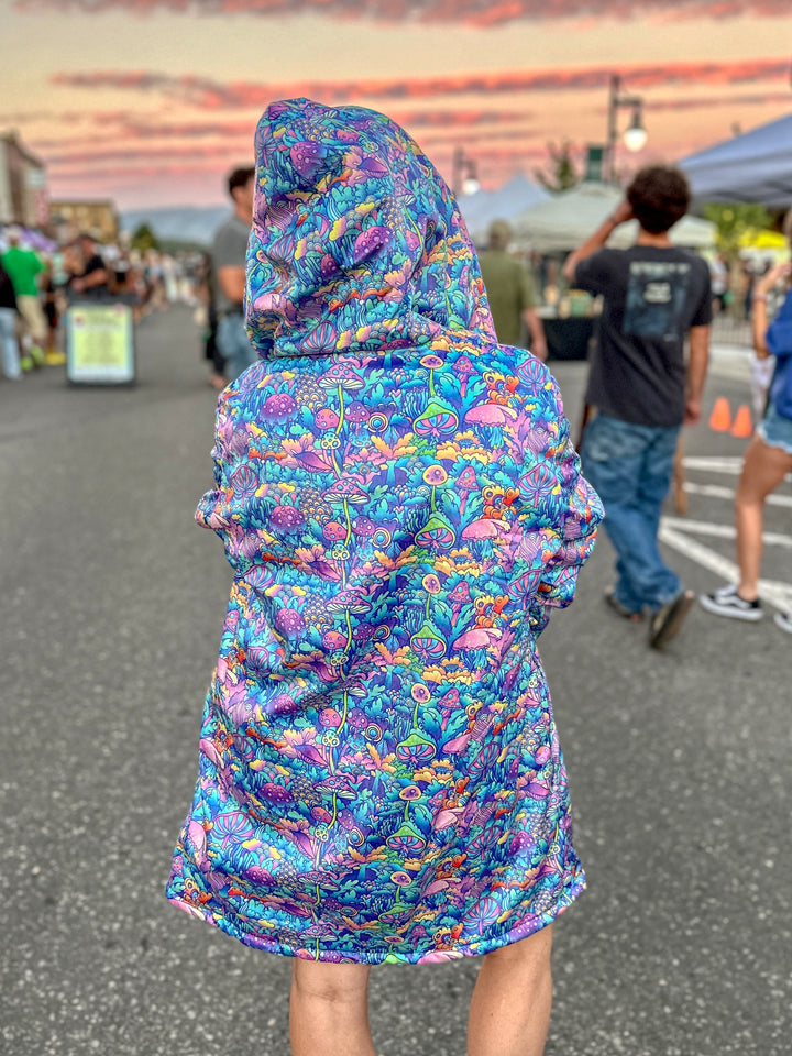 Psychedelic Mushrooms Cuddle Cloak | Unisex Minky Sherpa Lined Hooded Coat | Women and Mens Festival Coat | Mountain Fashion