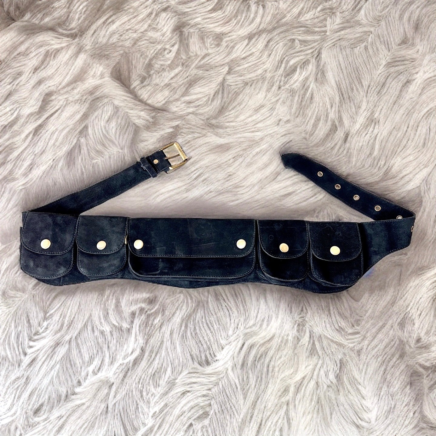 Genuine Leather Pocket Belt | Black Suede, 7 Pocket | money belt, travel belt, festival belt, vendor belt, belt bag, burning man belt