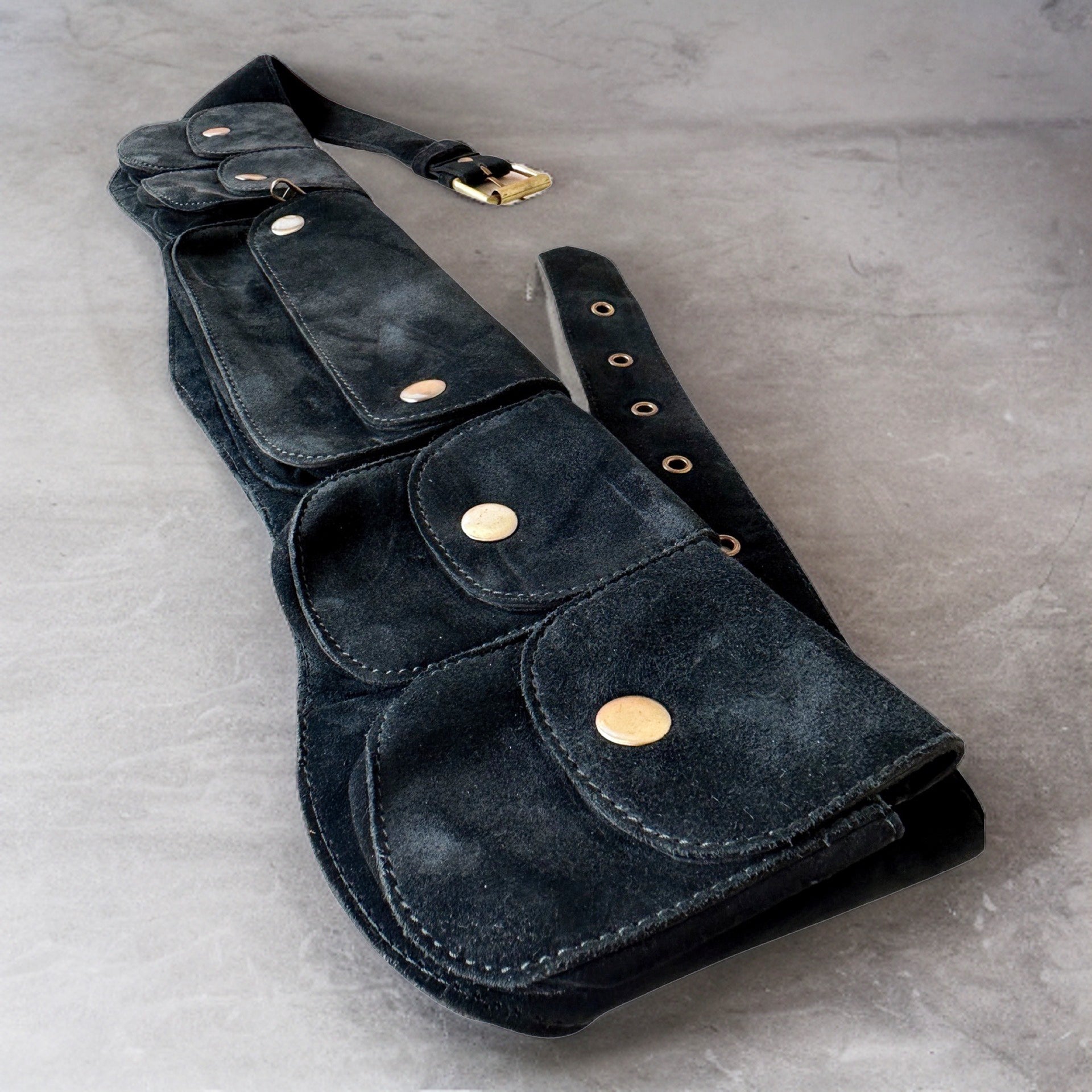 Genuine Leather Pocket Belt | Black Suede, 7 Pocket | money belt, travel belt, festival belt, vendor belt, belt bag, burning man belt