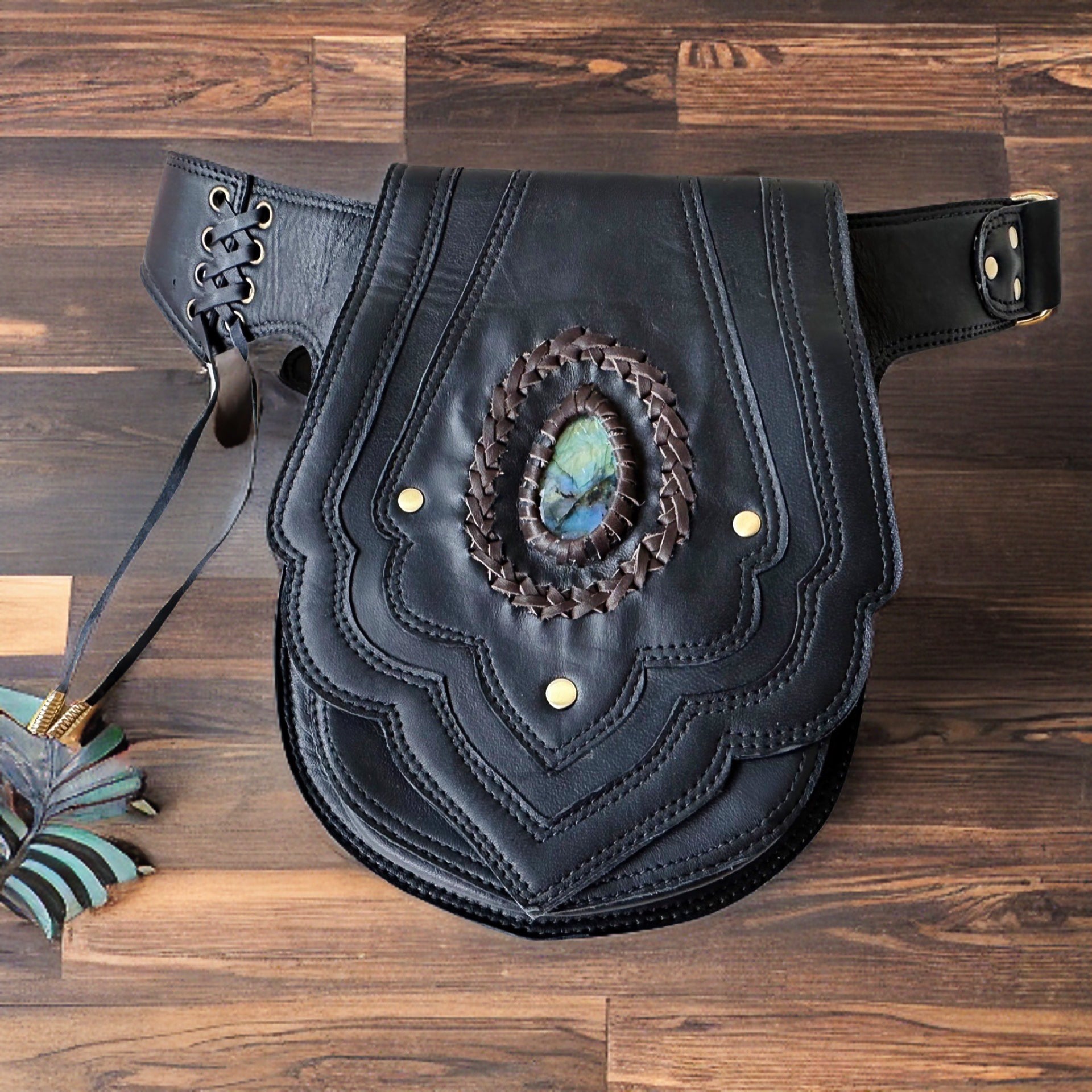 Black Festival Pocket Belt | Leather Pouch with Beautiful Labradorite Stone