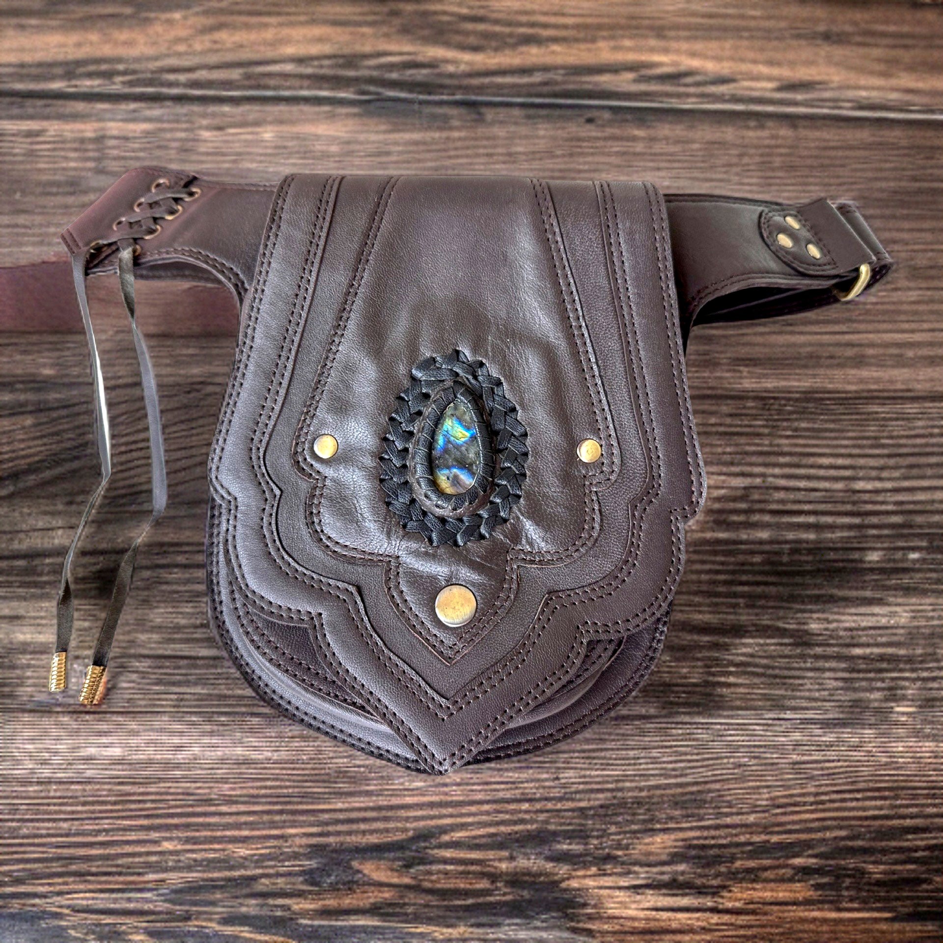 Brown Festival Pocket Belt | Leather Pouch with Beautiful Labradorite Stone