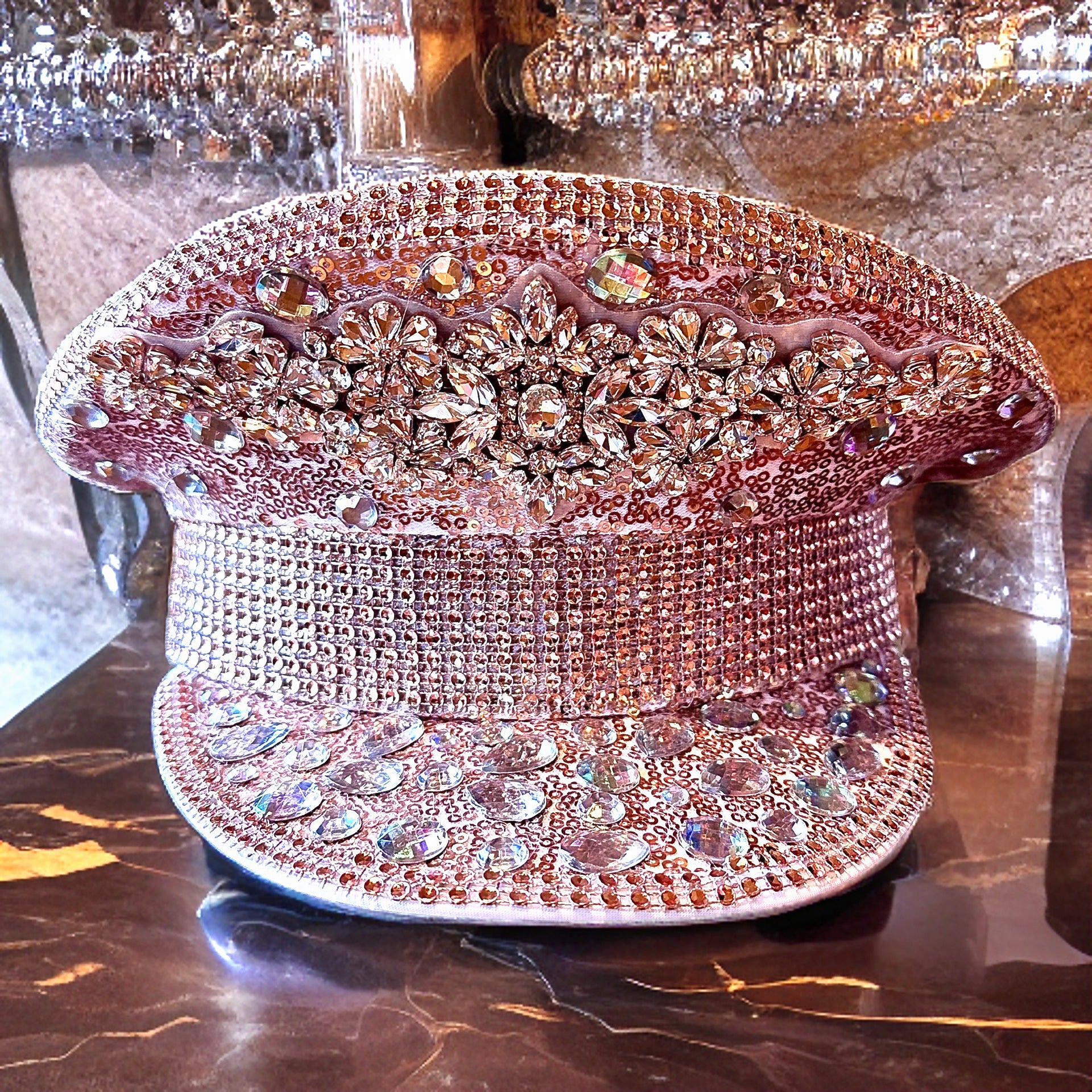 Rose Gold Rhinestone Hat / Pink Sequin Hat / Party Captain Hat / Festival Hat / EDC Hat, Rave Hat / Birthday Hat / Custom Phrase Hat