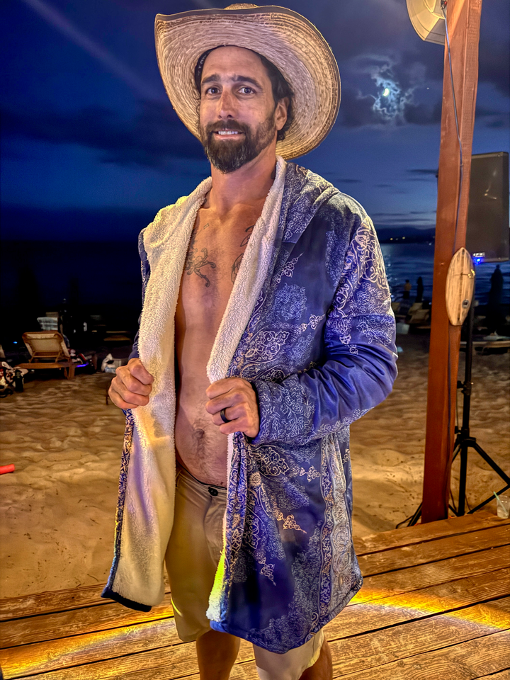 Radial Blue Persian Carpet Cuddle Cloak | Unisex Minky Sherpa Hooded Coat | Women and Mens Festival Coat | Mountain Fashion