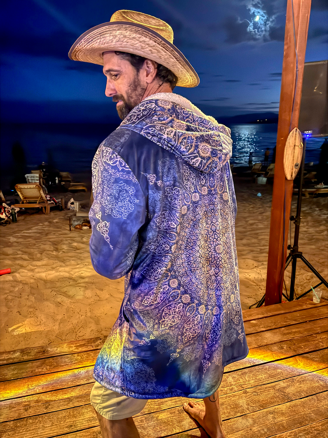 Radial Blue Persian Carpet Cuddle Cloak | Unisex Minky Sherpa Hooded Coat | Women and Mens Festival Coat | Mountain Fashion