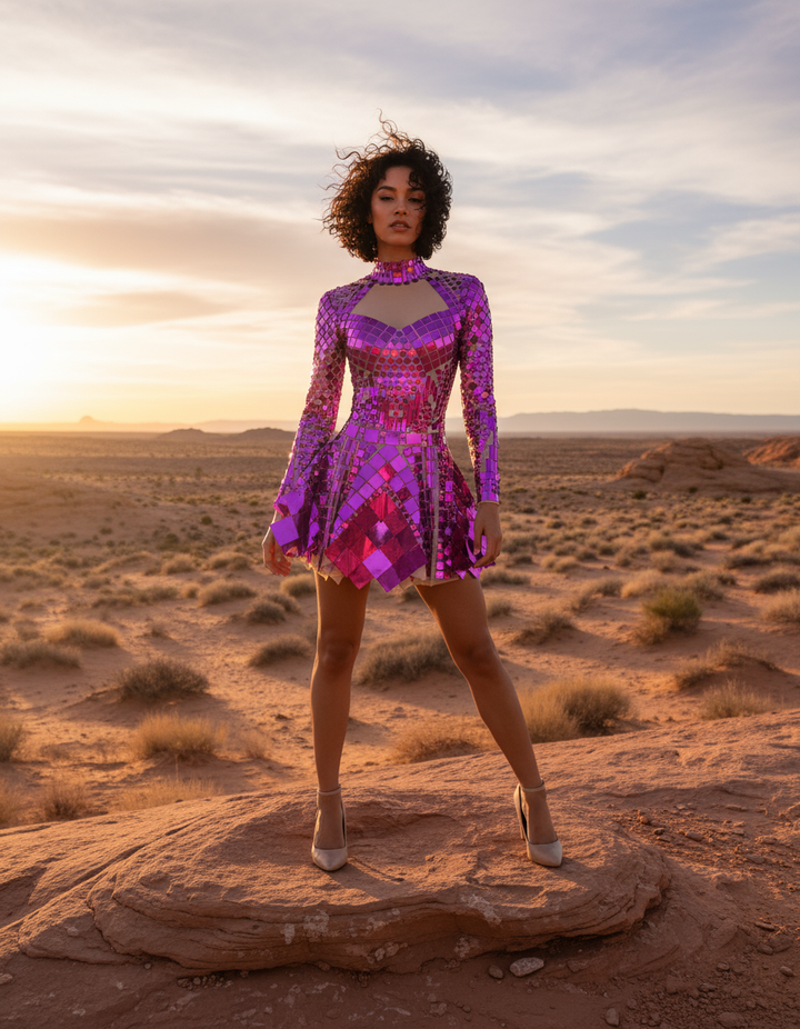 Celine Mirror Goddess Dress | Reflective Festival Mini Dress – Manifestie