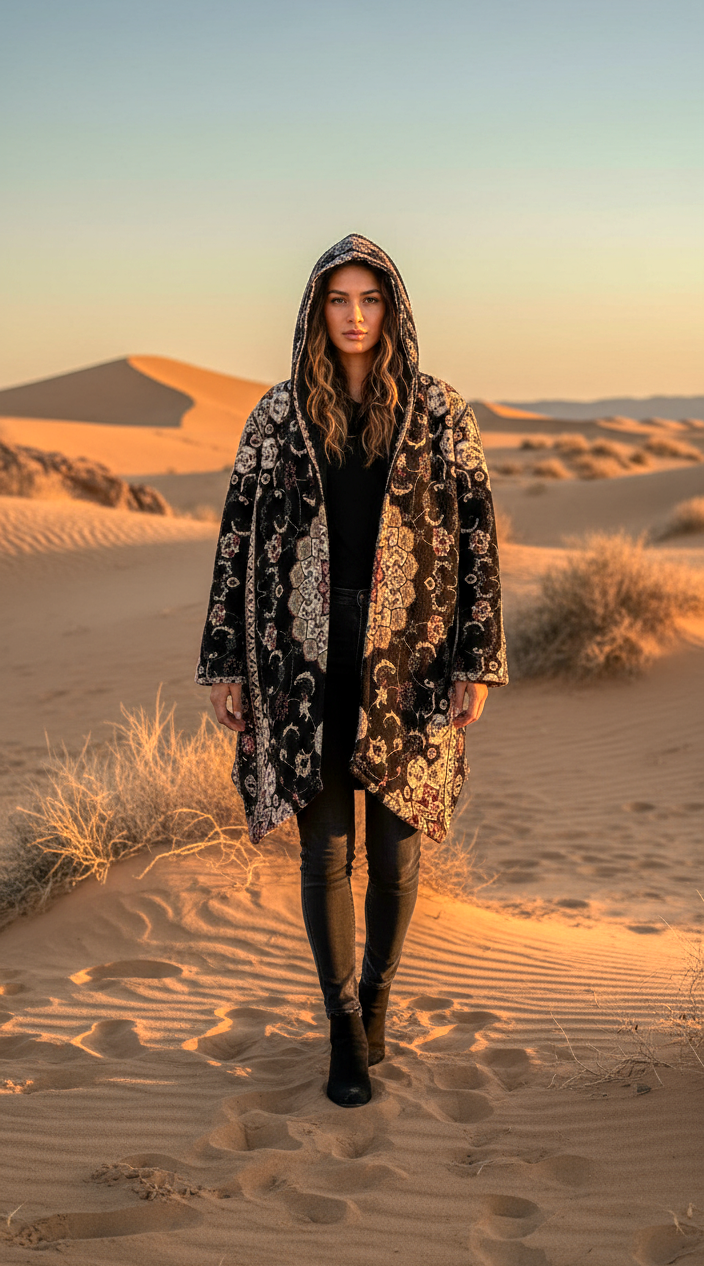 Classic Black Persian Carpet Cuddle Cloak | Unisex Minky Sherpa Lined Hooded Coat | Women and Mens Festival Coat | Mountain Fashion