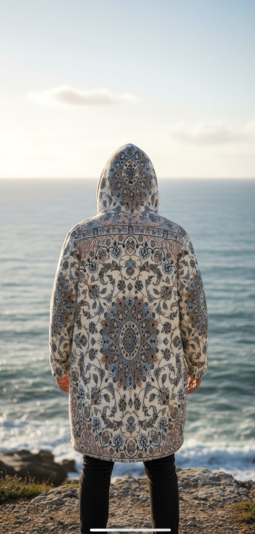 Classic Persian Carpet Cuddle Coat | Nain, Cream and Soft Blue | Unisex Minky Sherpa Lined Coat with Hood, Zipper and Pockets | Women and Mens Festival Coat | Mountain Fashion