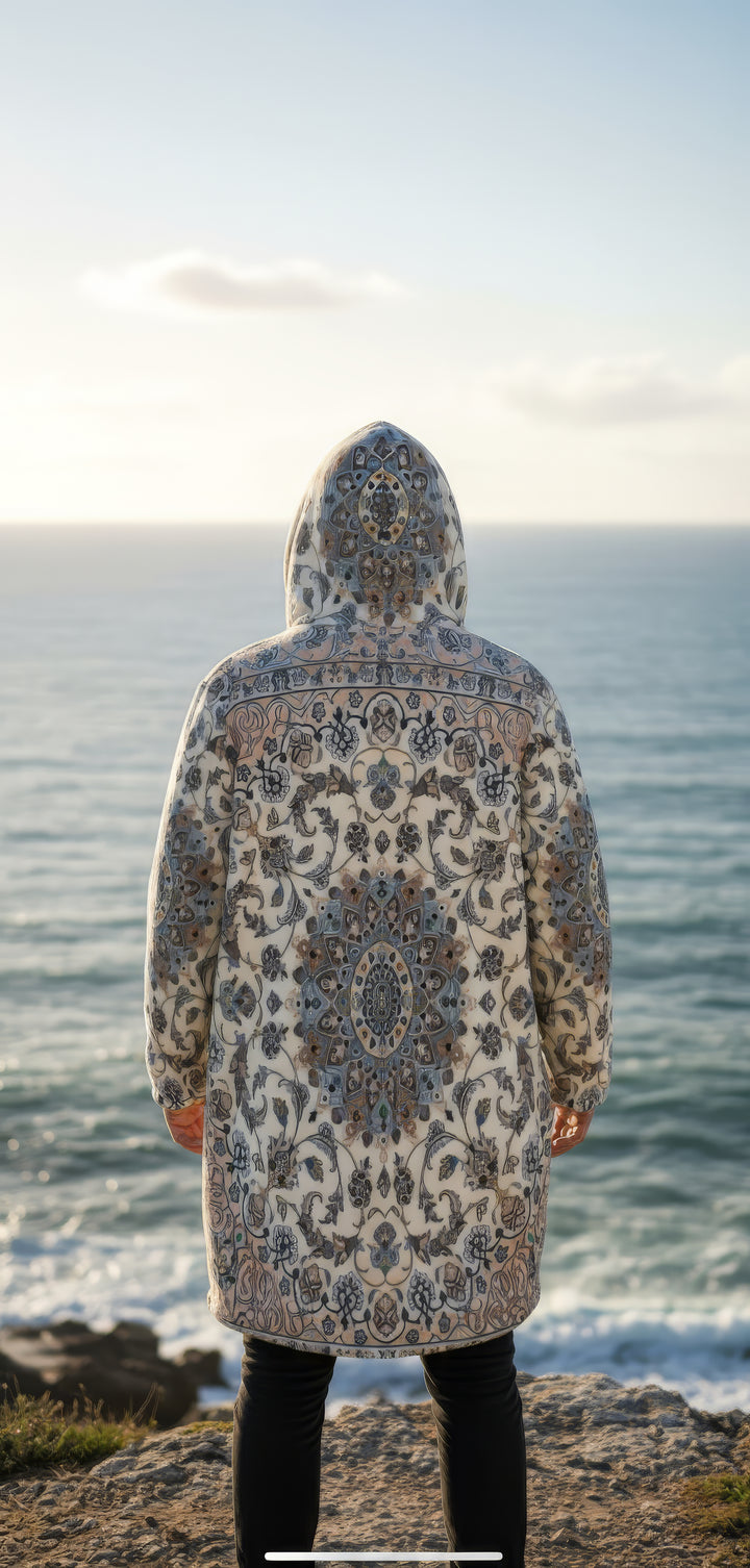 Classic Persian Carpet Cuddle Coat | Nain, Cream and Soft Blue | Unisex Minky Sherpa Lined Coat with Hood, Zipper and Pockets | Women and Mens Festival Coat | Mountain Fashion