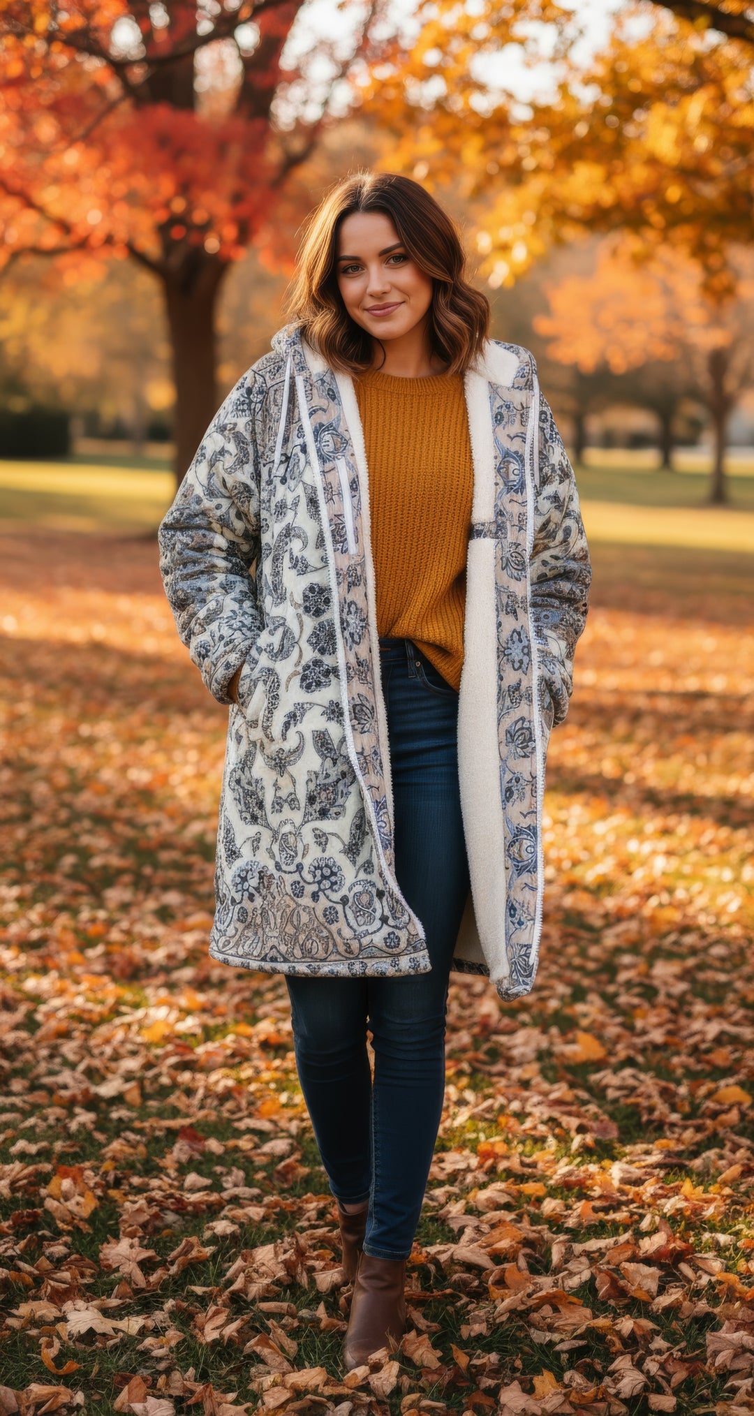 Classic Persian Carpet Cuddle Coat | Nain, Cream and Soft Blue | Unisex Minky Sherpa Lined Coat with Hood, Zipper and Pockets | Women and Mens Festival Coat | Mountain Fashion