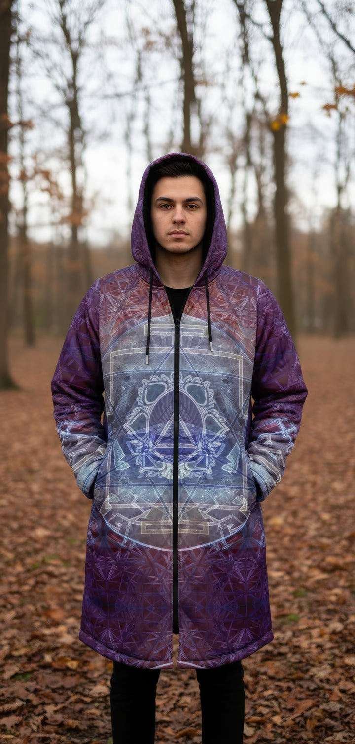 Sacred Violet Cuddle Coat | Unisex Minky Sherpa Lined Coat with Hood, Zipper and Pockets | Women and Mens Festival Coat | Mountain Fashion