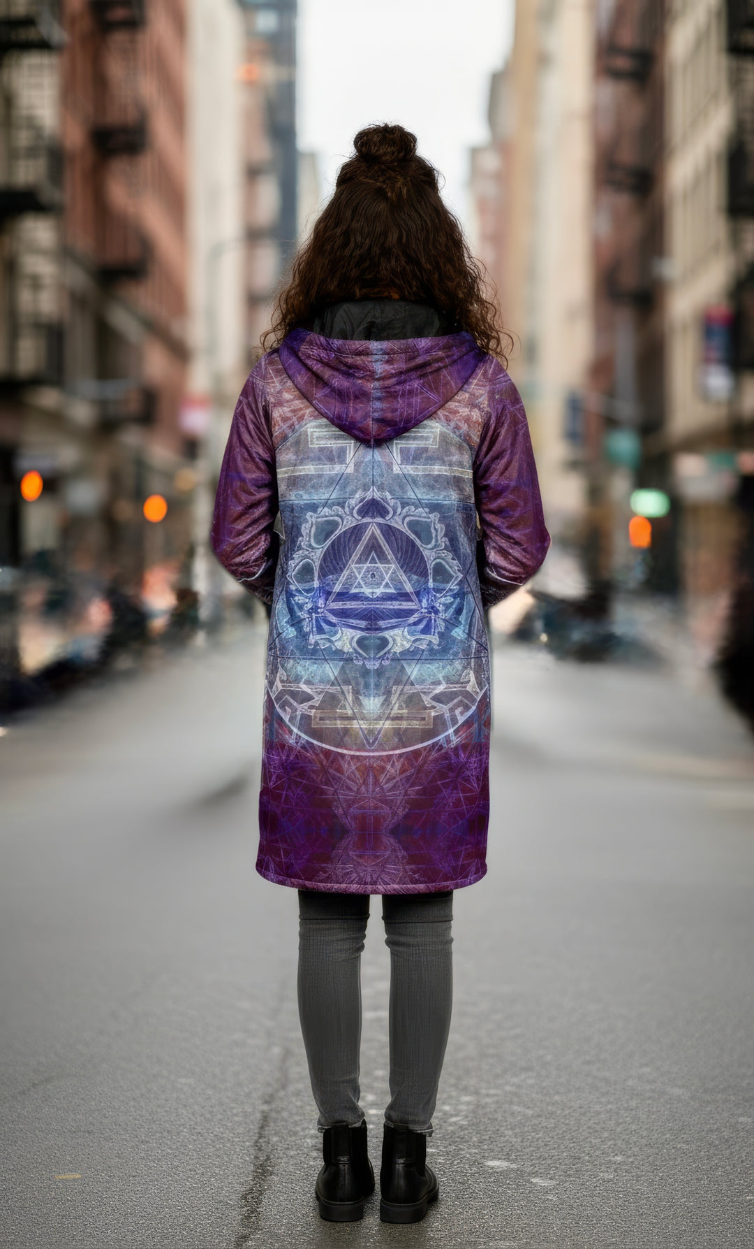 Sacred Violet Cuddle Coat | Unisex Minky Sherpa Lined Coat with Hood, Zipper and Pockets | Women and Mens Festival Coat | Mountain Fashion