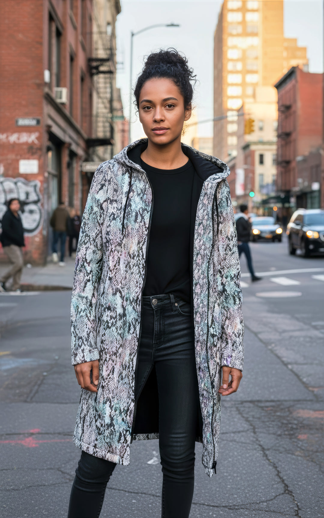 Prism Python Cuddle Coat | Unisex Minky Sherpa Lined Coat with Hood, Zipper and Pockets | Women and Mens Festival Coat | Mountain Fashion