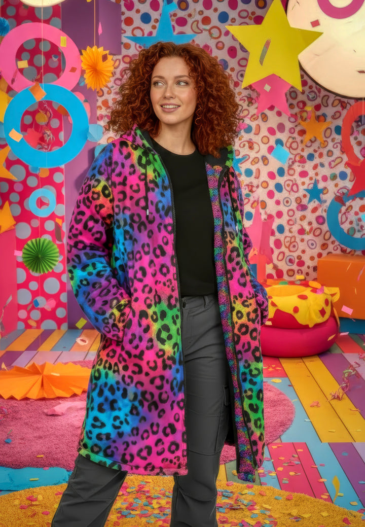 Rainbow Kitty Cuddle Coat | Unisex Minky Sherpa Lined Coat with Hood, Zipper and Pockets | Women and Mens Festival Coat | Mountain Fashion