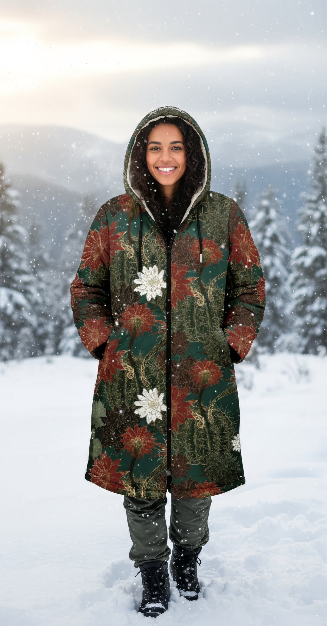 Desert Flowers Carpet Cuddle Coat | Green Red | Unisex Minky Sherpa Lined Coat with Hood, Zipper and Pockets | Women and Mens Festival Coat | Mountain Fashion