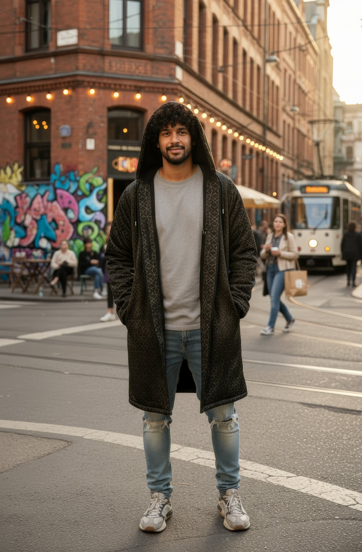 Black and Gold Sacred Geometry Flower Cuddle Coat | Unisex Minky Sherpa Lined Coat with Hood, Zipper and Pockets | Women and Mens Festival Coat | Mountain Fashion