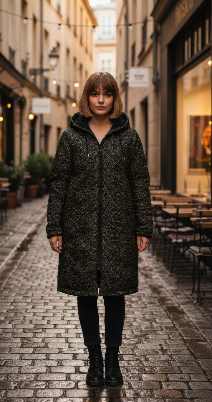 Black and Gold Sacred Geometry Flower Cuddle Coat | Unisex Minky Sherpa Lined Coat with Hood, Zipper and Pockets | Women and Mens Festival Coat | Mountain Fashion