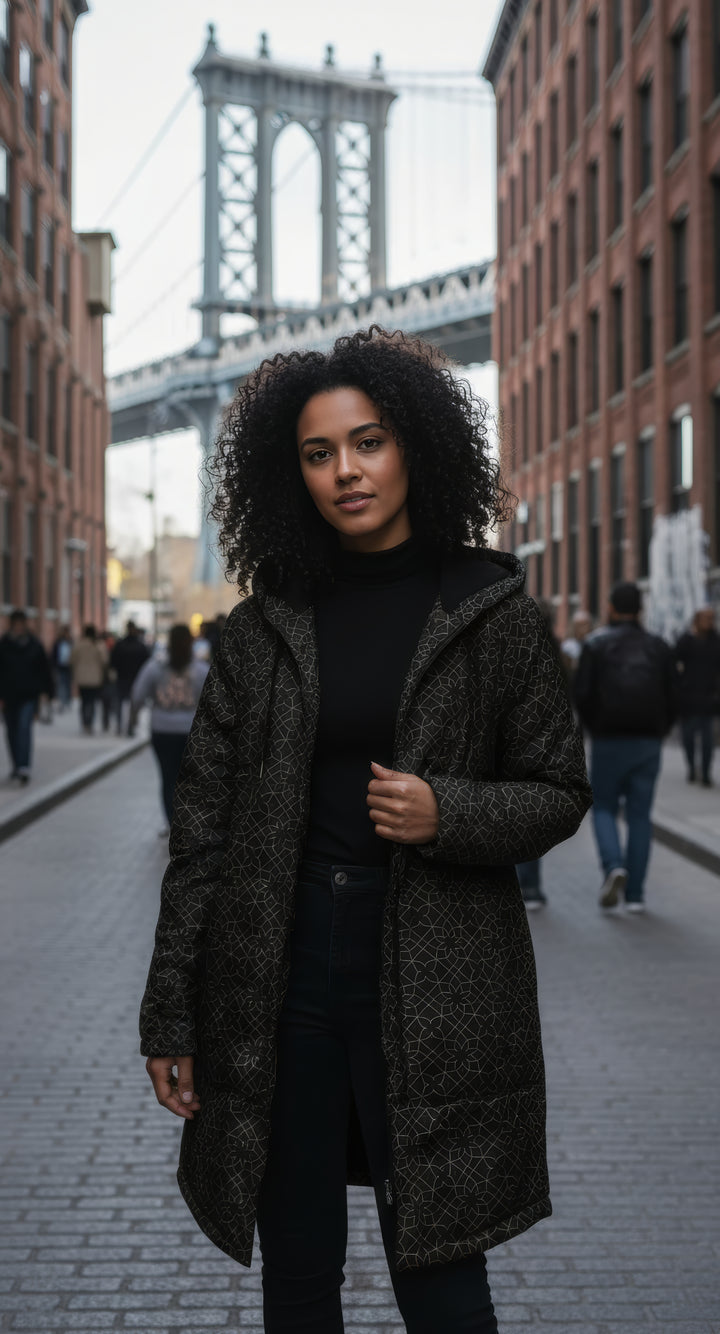 Black and Gold Sacred Geometry Flower Cuddle Coat | Unisex Minky Sherpa Lined Coat with Hood, Zipper and Pockets | Women and Mens Festival Coat | Mountain Fashion