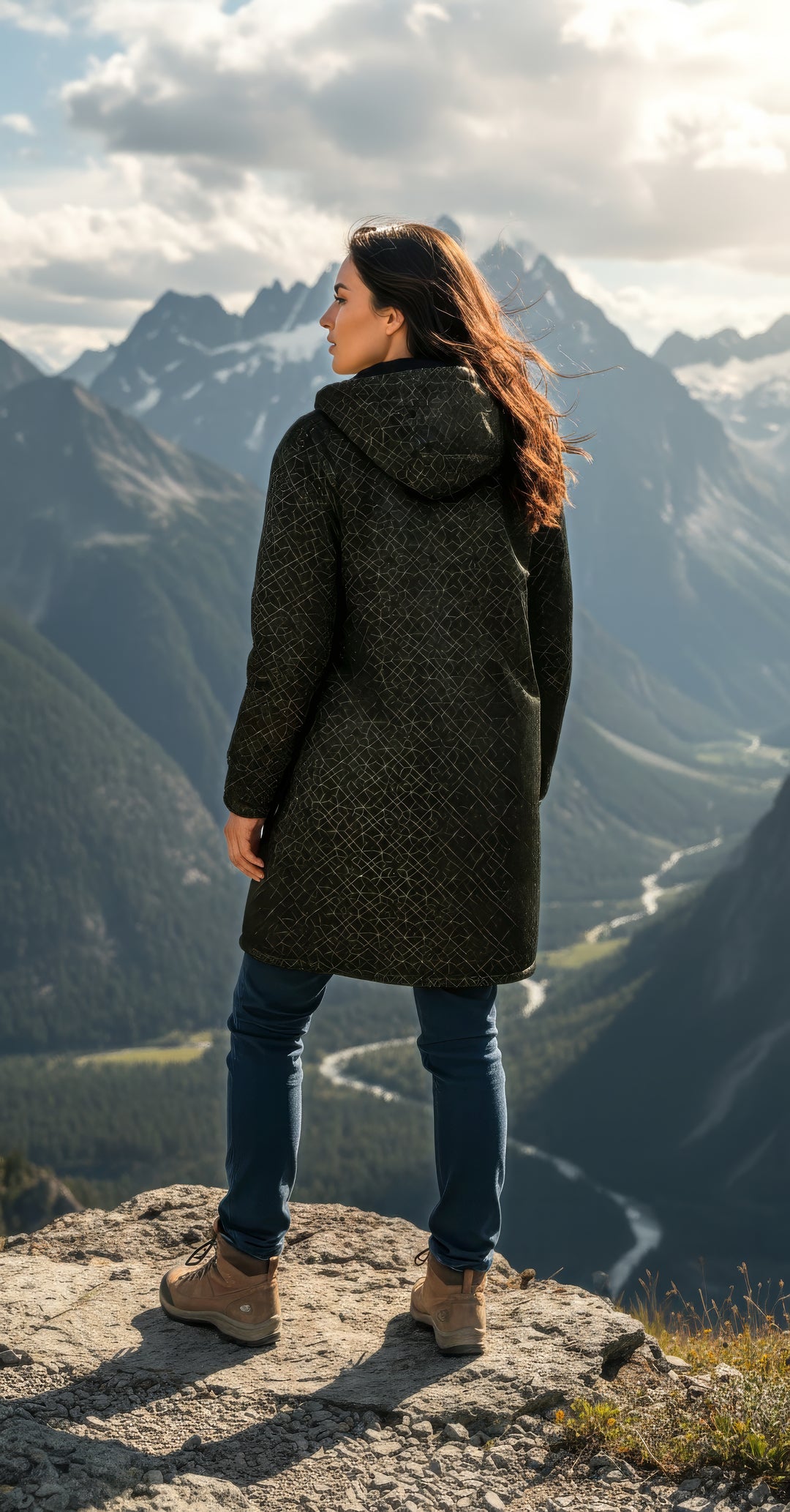 Black and Gold Sacred Geometry Flower Cuddle Coat | Unisex Minky Sherpa Lined Coat with Hood, Zipper and Pockets | Women and Mens Festival Coat | Mountain Fashion