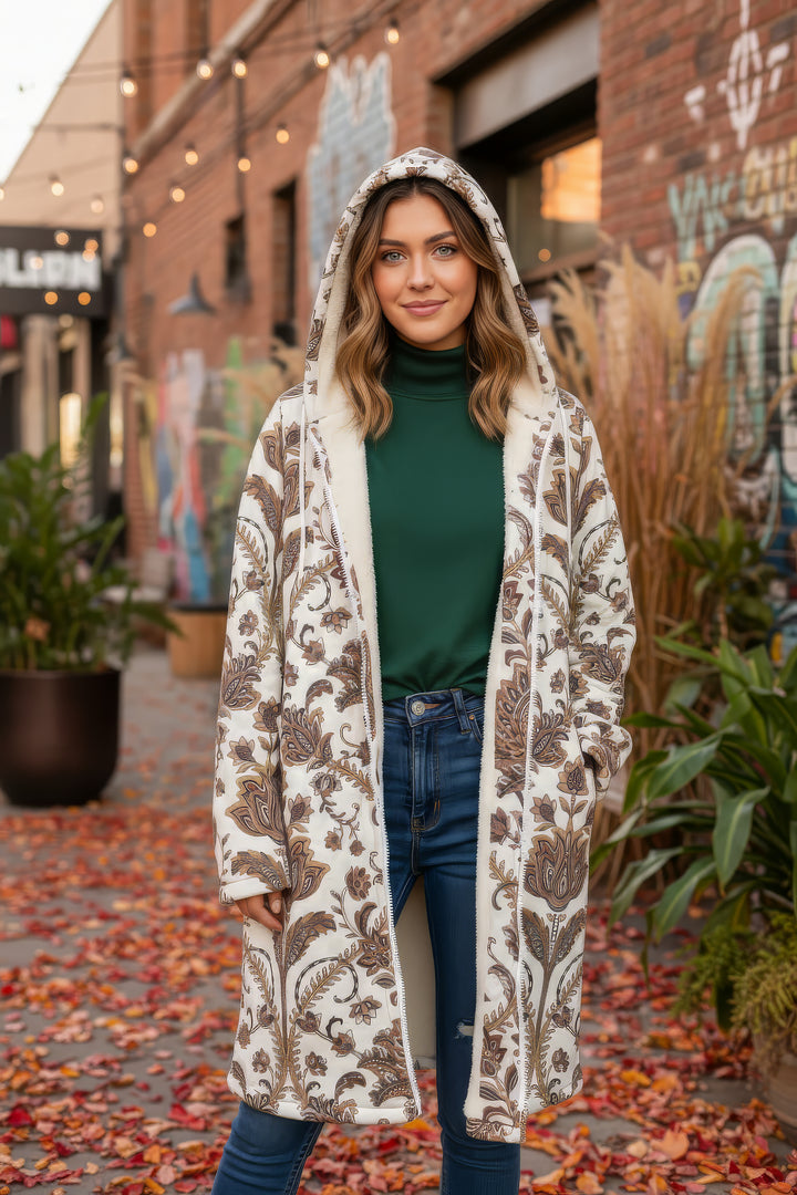 Spirit Ember Cuddle Coat | Unisex Minky Sherpa Lined Coat with Hood, Zipper and Pockets | Women and Mens Festival Coat | Mountain Fashion