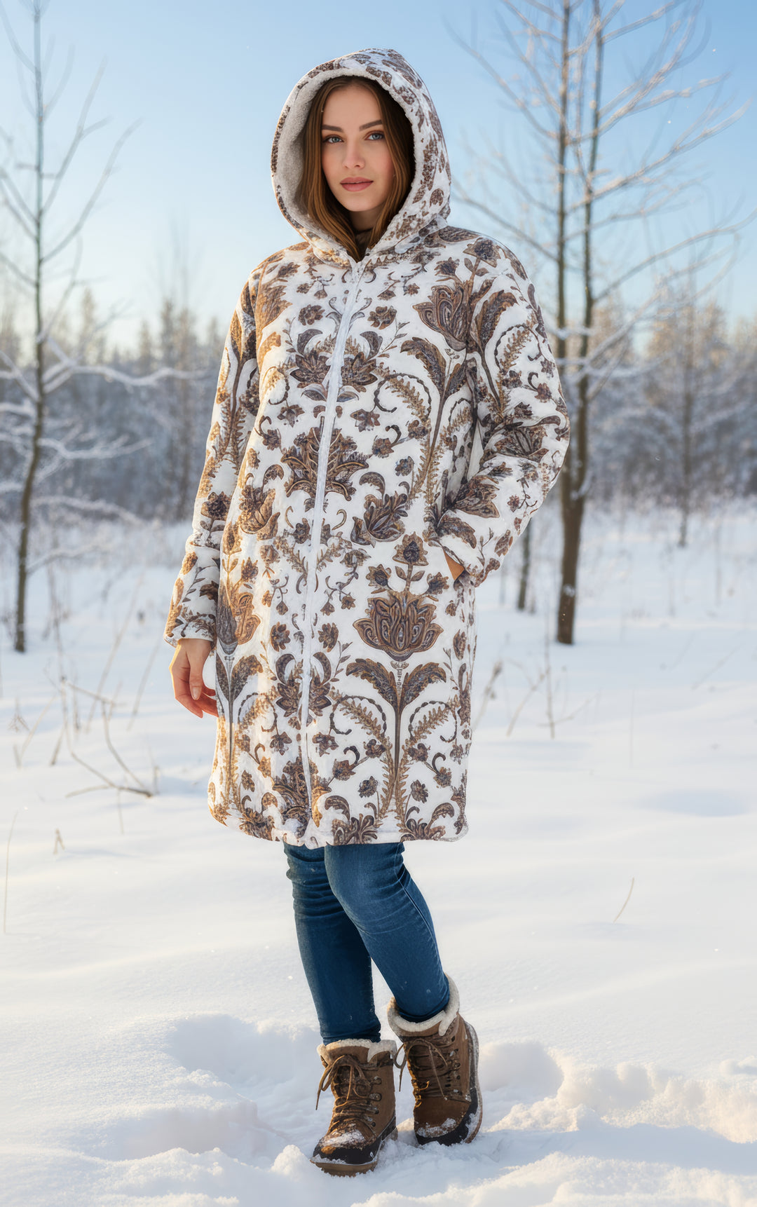 Spirit Ember Cuddle Coat | Unisex Minky Sherpa Lined Coat with Hood, Zipper and Pockets | Women and Mens Festival Coat | Mountain Fashion