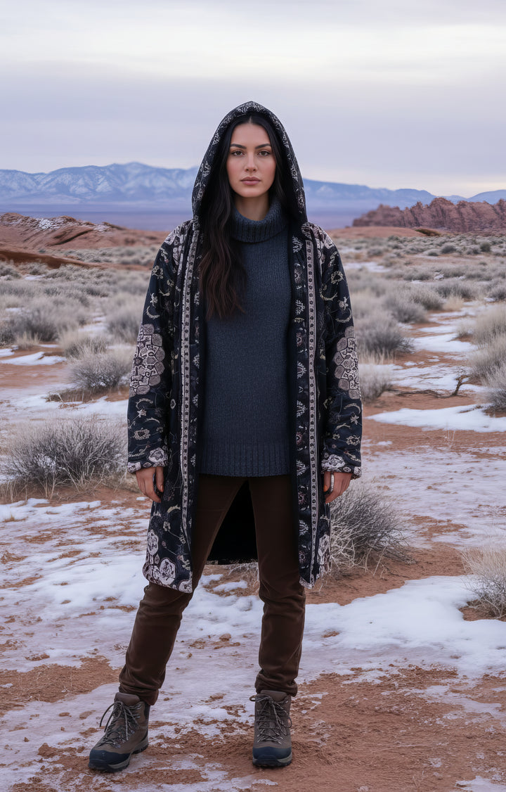 Classic Black Persian Carpet Cuddle Coat | Unisex Minky Sherpa Lined Coat with Hood, Zipper and Pockets | Women and Mens Festival Coat | Mountain Fashion