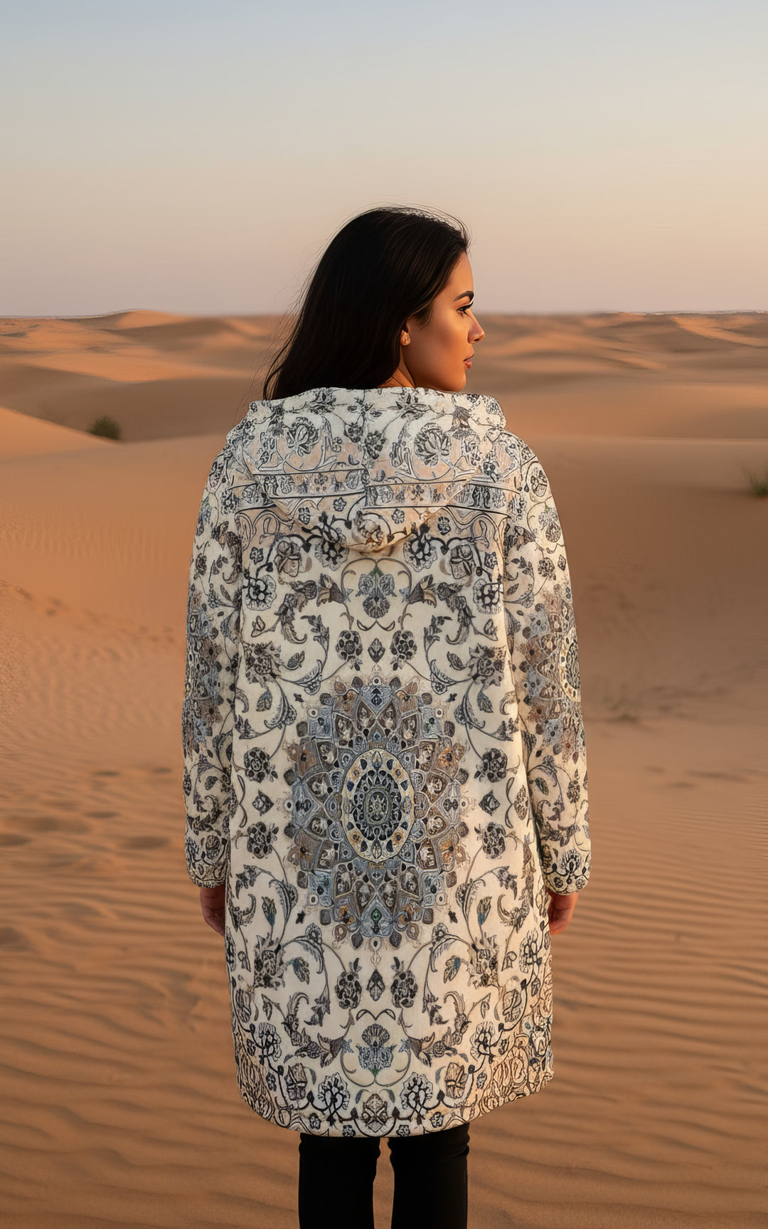 Classic Persian Carpet Cuddle Coat | Nain, Cream and Soft Blue | Unisex Minky Sherpa Lined Coat with Hood, Zipper and Pockets | Women and Mens Festival Coat | Mountain Fashion