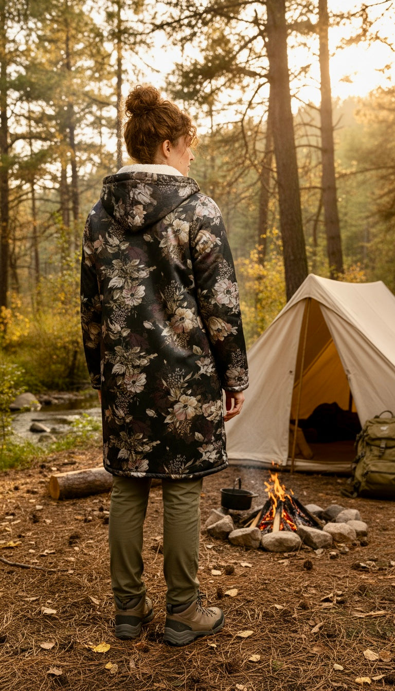 Floral Cuddle Coat | Beige, Brown, Cream | Unisex Minky Sherpa Lined Coat with Hood, Zipper and Pockets | Women and Mens Festival Coat | Mountain Fashion