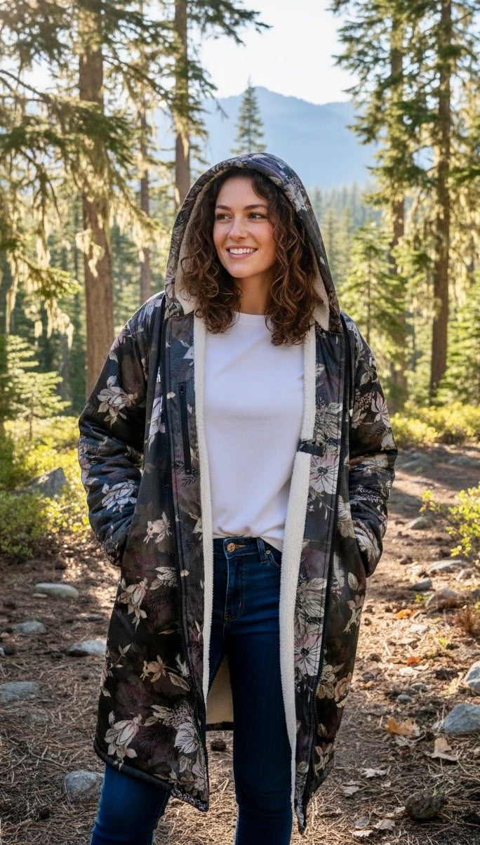 Floral Cuddle Coat | Beige, Brown, Cream | Unisex Minky Sherpa Lined Coat with Hood, Zipper and Pockets | Women and Mens Festival Coat | Mountain Fashion