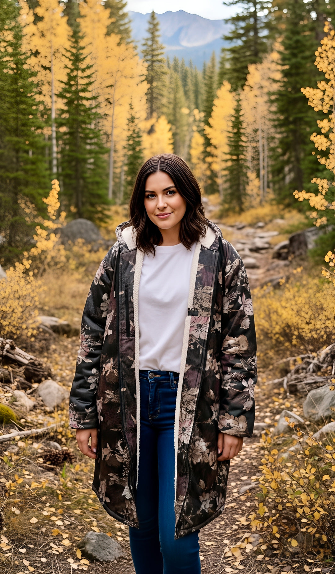 Floral Cuddle Coat | Beige, Brown, Cream | Unisex Minky Sherpa Lined Coat with Hood, Zipper and Pockets | Women and Mens Festival Coat | Mountain Fashion