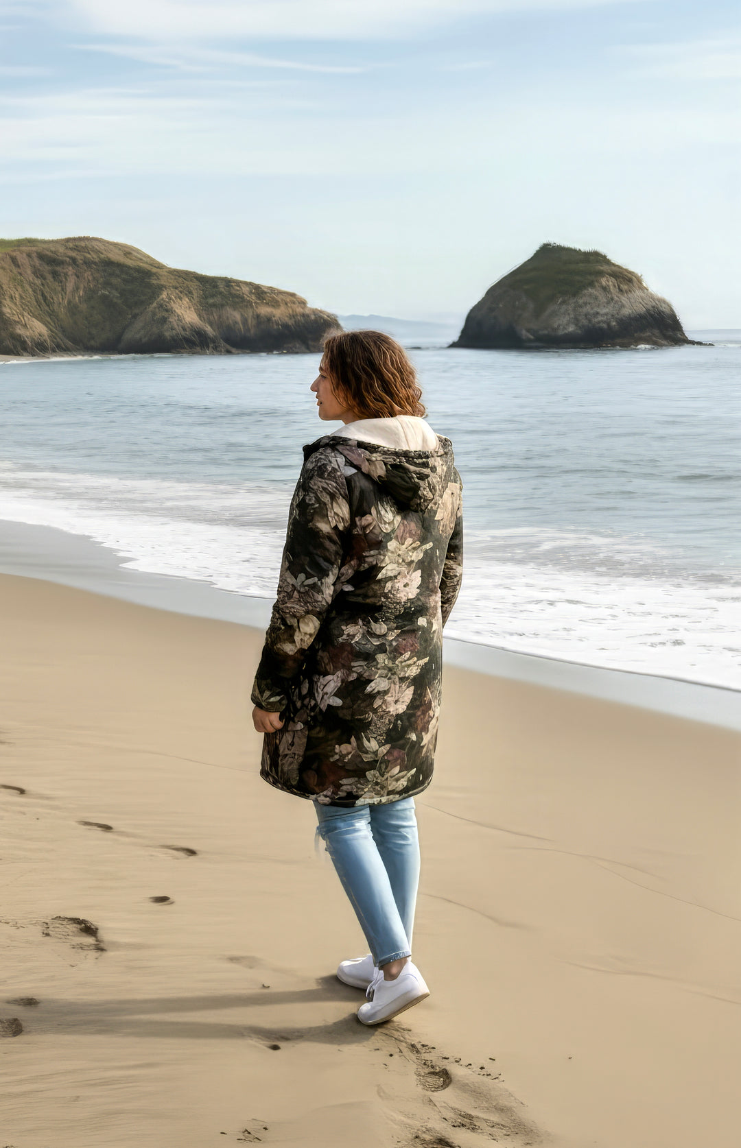 Floral Cuddle Coat | Beige, Brown, Cream | Unisex Minky Sherpa Lined Coat with Hood, Zipper and Pockets | Women and Mens Festival Coat | Mountain Fashion