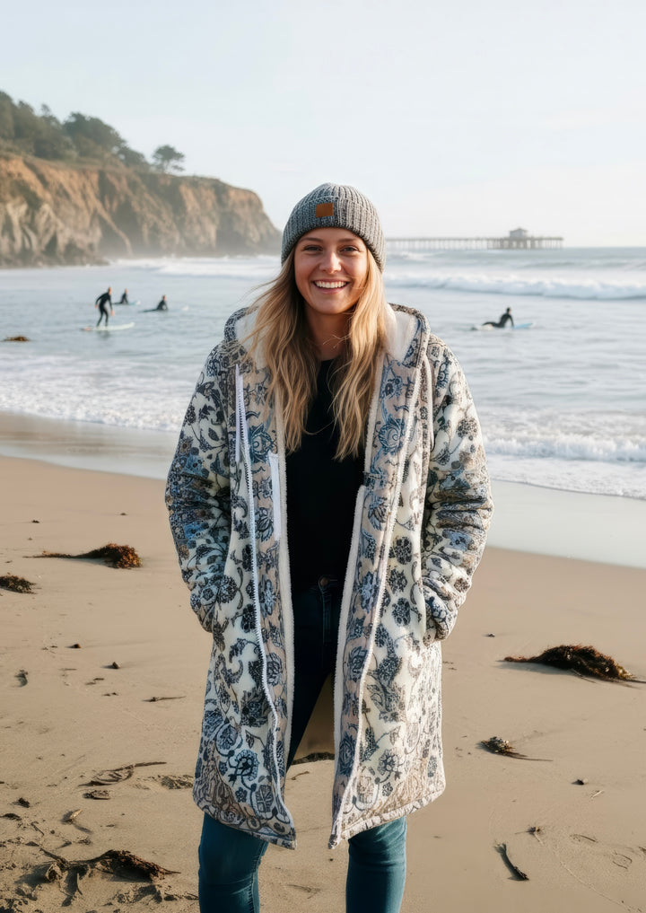 Classic Persian Carpet Cuddle Coat | Nain, Cream and Soft Blue | Unisex Minky Sherpa Lined Coat with Hood, Zipper and Pockets | Women and Mens Festival Coat | Mountain Fashion