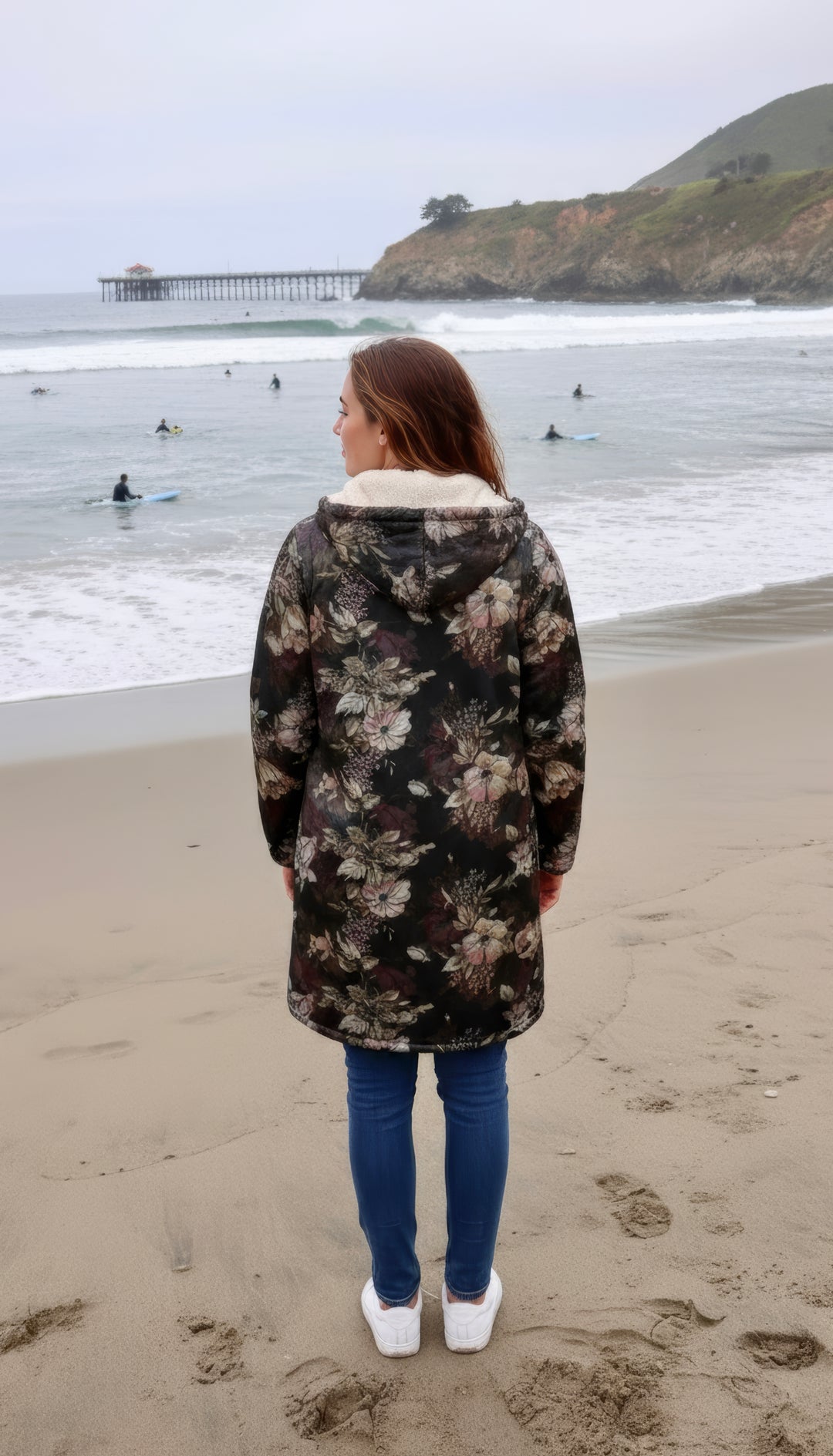 Floral Cuddle Coat | Beige, Brown, Cream | Unisex Minky Sherpa Lined Coat with Hood, Zipper and Pockets | Women and Mens Festival Coat | Mountain Fashion